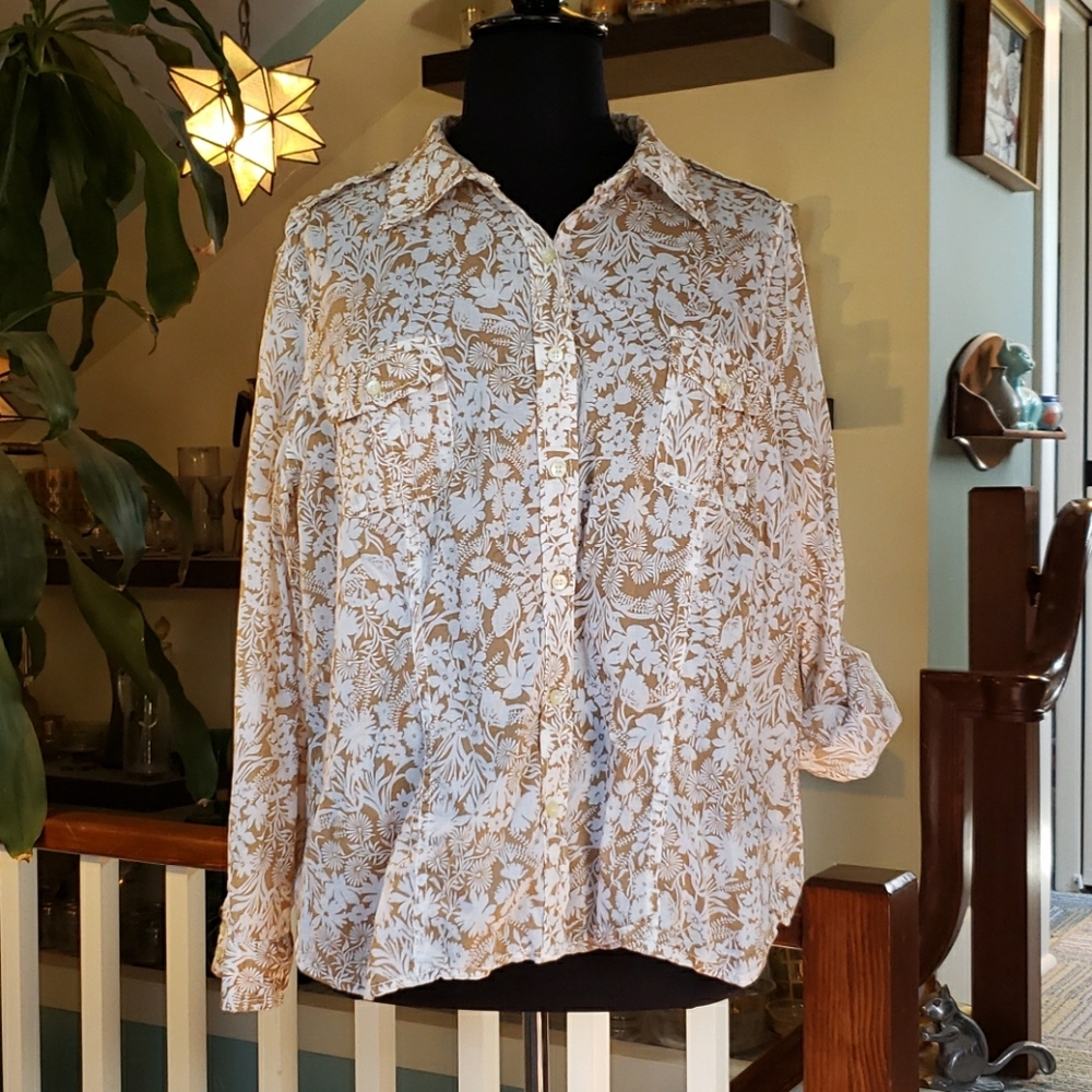 Liz Claiborne Womens Cotton Tan And White Floral Button Front Blouse